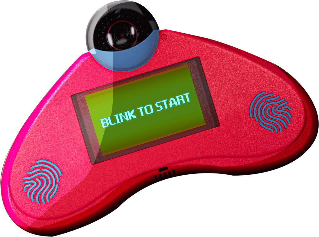 Eyecon 300 toy image - a game pad shaped device with a camera on top, fingerprint readers on each side, and a screen which reads blink to start