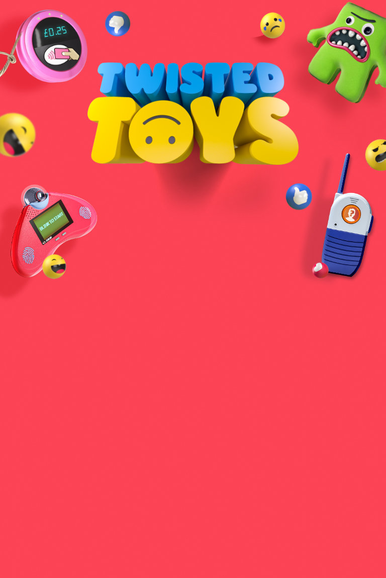 Twisted Toys background with 4 mocked up toys and the Twisted Toys logo on it